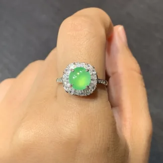 High-Icy Glowing Green Natural Jadeite Cabochon Ring — S925 Silver · No. FC23