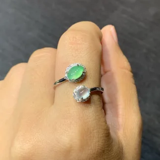 High-Icy White and Green Natural Jadeite Cabochon Ring — S925 Silver · No. 61D1