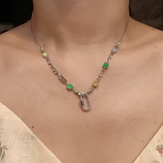 High-Icy Multicolor Natural Jadeite Convertible Cabochon Chain — S925 Silver · No. 89D1