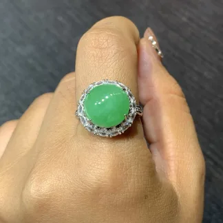 Icy Vivid Green Natural Jadeite Cabochon Ring — S925 Silver · No. 9AF1