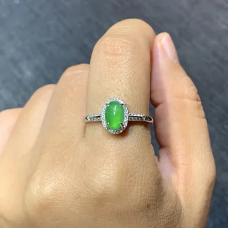 Icy Intense Vivid Green Natural Jadeite Cabochon Ring — S925 Silver · No. 9E9B
