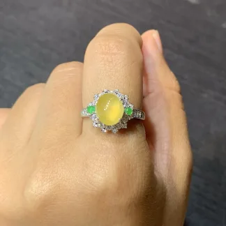 High-Icy Honey Yellow Natural Jadeite Cabochon Ring — S925 Silver · No. 8C20