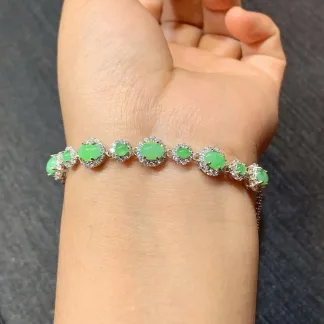 Soft Fresh Green Natural Jadeite Cabochon Bracelet — S925 Silver · No. C84A
