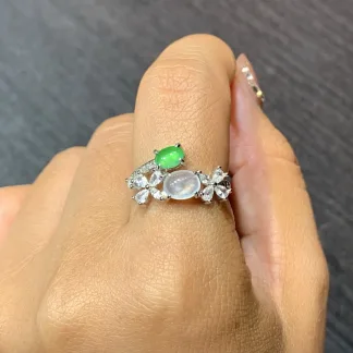 High-Icy White and Green Natural Jadeite Cabochon Ring — S925 Silver · No. C165