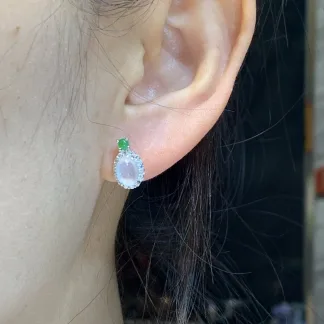 High-Icy Glowing Natural Jadeite Cabochon Stud Earrings — S925 Silver · No. 8E4A