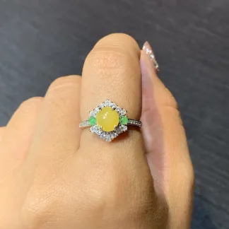 High-Icy Yellow Natural Jadeite Cabochon Ring — S925 Silver · No. 103A