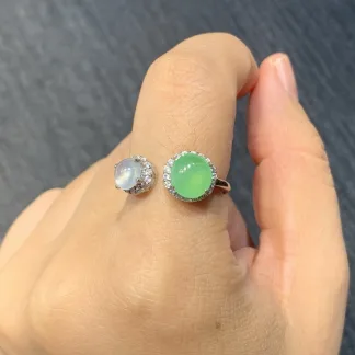 High-Icy Fresh Vivid Green and White Natural Jadeite Cabochon Ring — S925 Silver · No. A916
