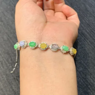 High-Icy Multicolor Natural Jadeite Cabochon Bracelet — S925 Silver · No. A17B