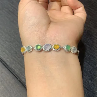 High-Icy Multicolor Natural Jadeite Cabochon Bracelet — S925 Silver · No. EF29