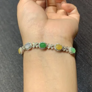 High-Icy Multicolor Natural Jadeite Cabochon Bracelet — S925 Silver · No. 243E