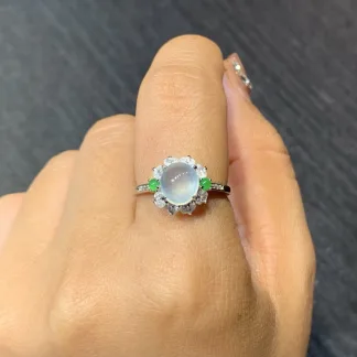 High-Icy Glowing Natural Jadeite Cabochon Ring — S925 Silver · No. DED2