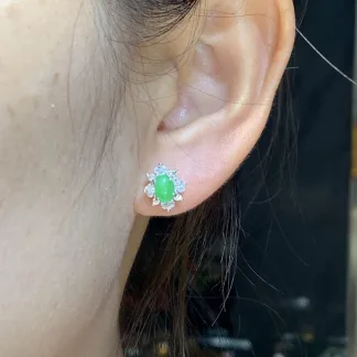 Icy Vivid Green Natural Jadeite Cabochon Stud Earrings — S925 Silver · No. DF28