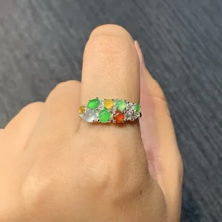 High-Icy Multicolor Natural Jadeite Cabochon Ring — S925 Silver · No. A7A3