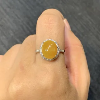 High-Icy Honey Yellow Natural Jadeite Cabochon Ring — S925 Silver · No. 9810