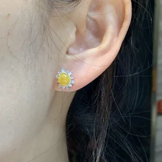 Icy Honey Yellow Natural Jadeite Cabochon Stud Earrings — S925 Silver · No. FD4E