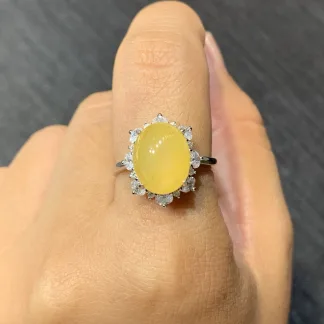 High-Icy Honey Yellow Natural Jadeite Cabochon Ring — S925 Silver · No. 087B