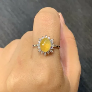 High-Icy Honey Yellow Natural Jadeite Cabochon Ring — S925 Silver · No. 5479