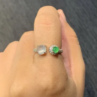 High-Icy White and Green Natural Jadeite Cabochon Ring — S925 Silver · No. E4B4