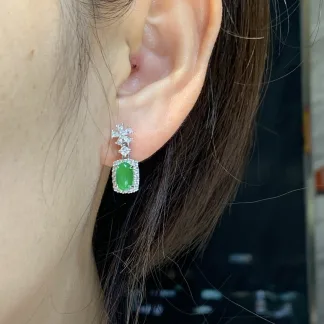 Icy Intense Vivid Green Natural Jadeite Cabochon Drop Earrings — S925 Silver · No. 2286