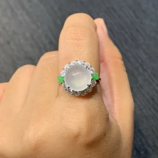 High-Icy Glowing Natural Jadeite Cabochon Ring — S925 Silver · No. D212
