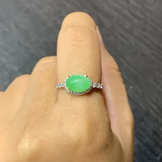 Icy Vivid Green Natural Jadeite Cabochon Ring — S925 Silver · No. 0FF5
