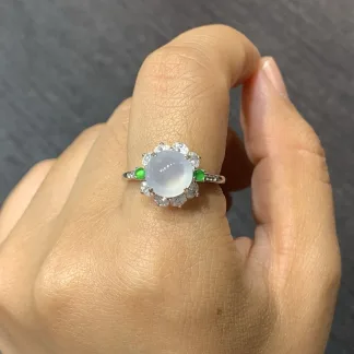 High-Icy Glowing Natural Jadeite Cabochon Ring — S925 Silver · No. 7981