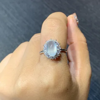 High-Icy Glowing Natural Jadeite Cabochon Ring — S925 Silver · No. F492
