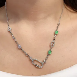 High-Icy Multicolor Natural Jadeite Convertible Cabochon Chain — S925 Silver · No. C346