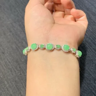 Icy Fresh Vivid Green Natural Jadeite Cabochon Bracelet — S925 Silver · No. 3A13