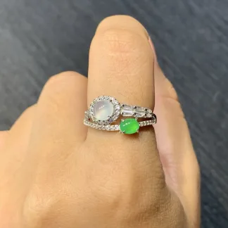 High-Icy White and Vivid Green Natural Jadeite Cabochon Ring — S925 Silver · No. 5015