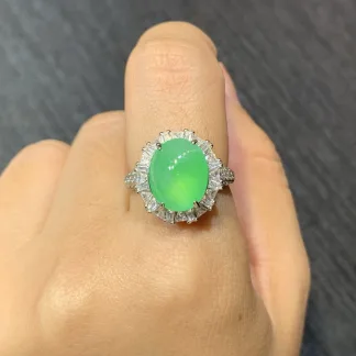 High-Icy Glowing Green Natural Jadeite Cabochon Ring — S925 Silver · No. D177