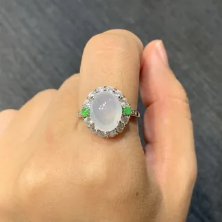 High-Icy Glowing Natural Jadeite Cabochon Ring — S925 Silver · No. D822