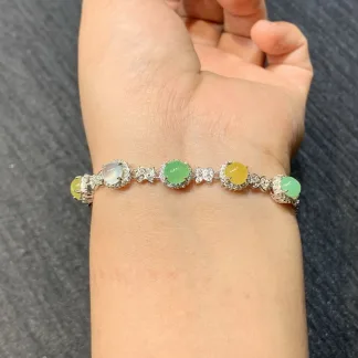 High-Icy Multicolor Natural Jadeite Cabochon Bracelet — S925 Silver · No. 7836