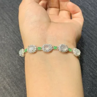 High-Icy Glowing White and Green Natural Jadeite Cabochon Bracelet — S925 Silver · No. B1A6