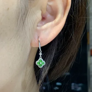 High-Icy Vivid Green Four-Leaf Clover Natural Jadeite Cabochon Hook Earrings — S925 Silver · No. F8F7