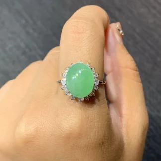 Icy Vivid Green Natural Jadeite Cabochon Ring — S925 Silver · No. 44F2