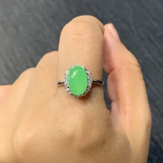 Icy Vivid Green Natural Jadeite Cabochon Ring — S925 Silver · No. AD87