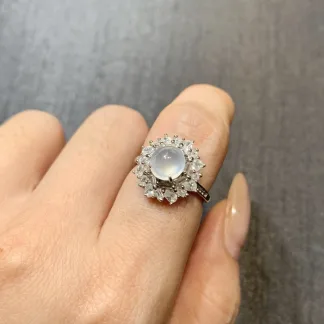 High-Icy White Natural Jadeite Cabochon Ring — S925 Silver · No. 16BA