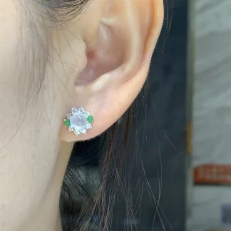 High-Icy Glowing Natural Jadeite Cabochon Stud Earrings — S925 Silver · No. 3E1A
