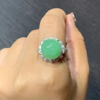 Icy Fresh Vivid Green Natural Jadeite Cabochon Ring — S925 Silver · No. FBBB
