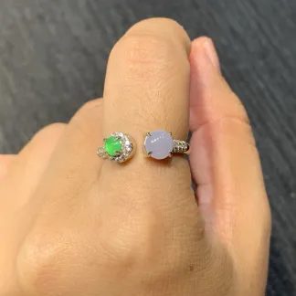Icy Lavender and Vivid Green Natural Jadeite Cabochon Ring — S925 Silver · No. 36D1