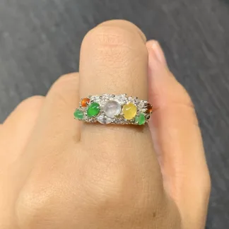 High-Icy Multicolor Natural Jadeite Cabochon Ring — S925 Silver · No. 0480