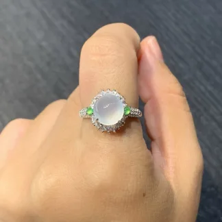 High-Icy Glowing Natural Jadeite Cabochon Ring — S925 Silver · No. 2DF0