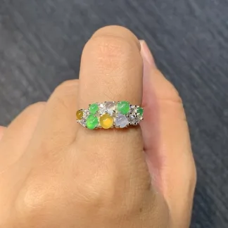 High-Icy Multicolor Natural Jadeite Cabochon Ring — S925 Silver · No. D78F