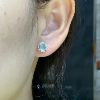 High-Icy Glowing Clear Natural Jadeite Cabochon Stud Earrings — S925 Silver · No. 67F9