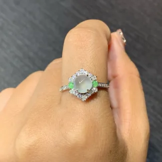 High-Icy Glowing Natural Jadeite Cabochon Ring — S925 Silver · No. 12BC
