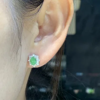 High-Icy Clear Green Natural Jadeite Cabochon Stud Earrings — S925 Silver · No. 917F