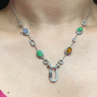 High-Icy Multicolor Natural Jadeite Convertible Cabochon Chain — S925 Silver · No. 80DB