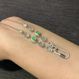 High-Icy White and Green Natural Jadeite Convertible Cabochon Chain — S925 Silver · No. E57D