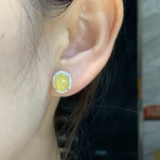 High-Icy Honey Yellow Natural Jadeite Cabochon Stud Earrings — S925 Silver · No. 8443